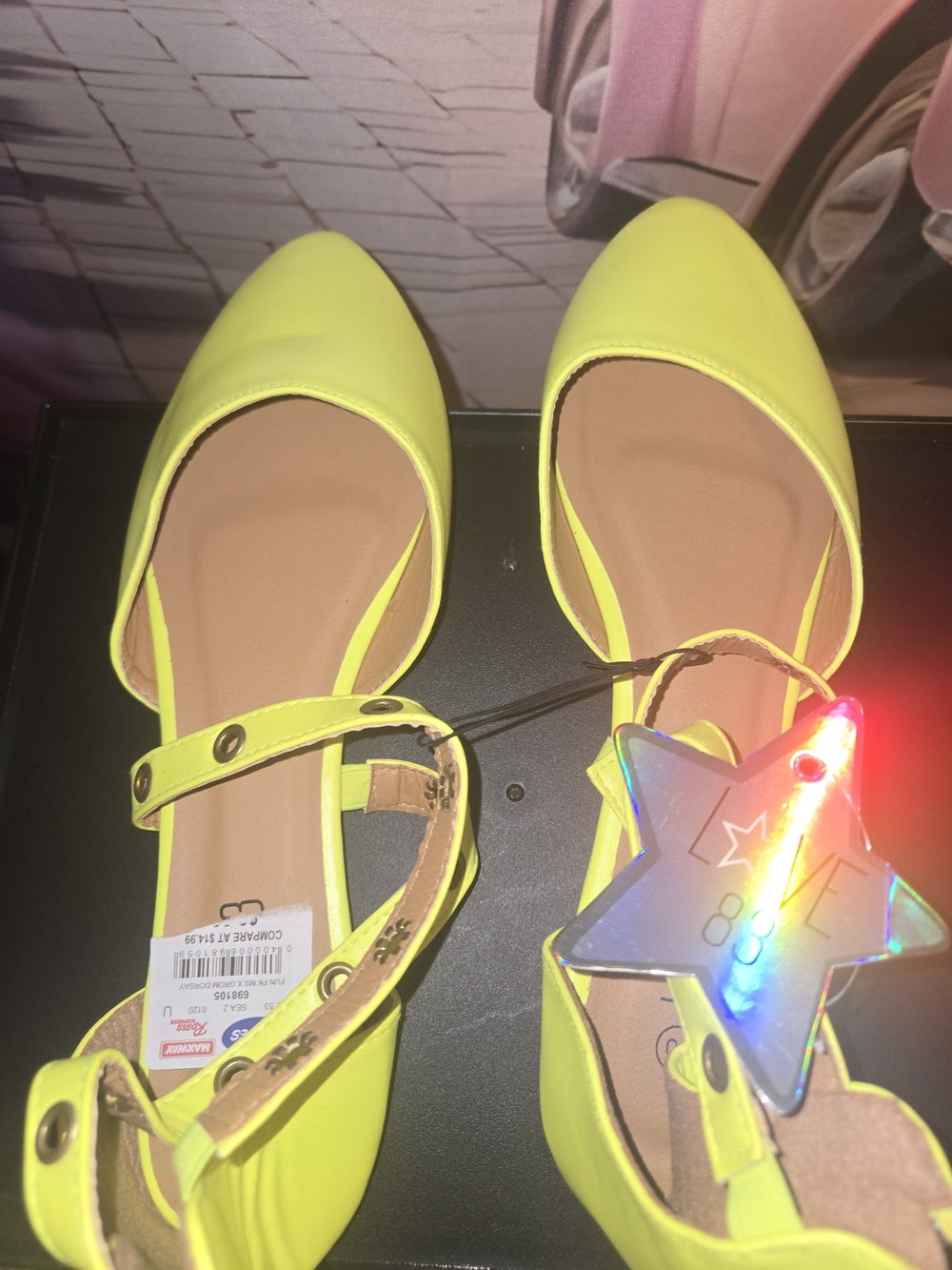 Women’s Neon Yellow Pointed  Flats with Ankle Strap